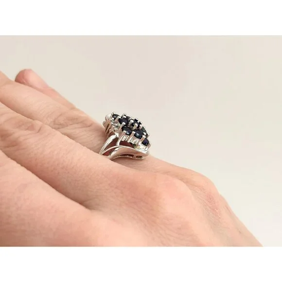 10k White Gold Blue Sapphire & White Diamond Vintage Gemstone Cocktail Ring sz 7 - Picture 9 of 10